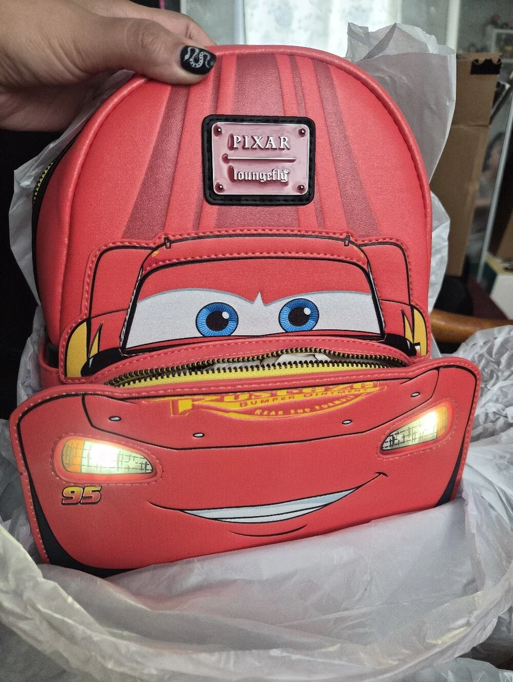Loungefly Cars 20th Anniversary Lightning McQueen Cosplay Light-Up Mini Backpack